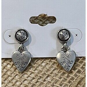 Brighton Brushed Silver Plated French Quarter Etched Heart Dangle Earrings Boho